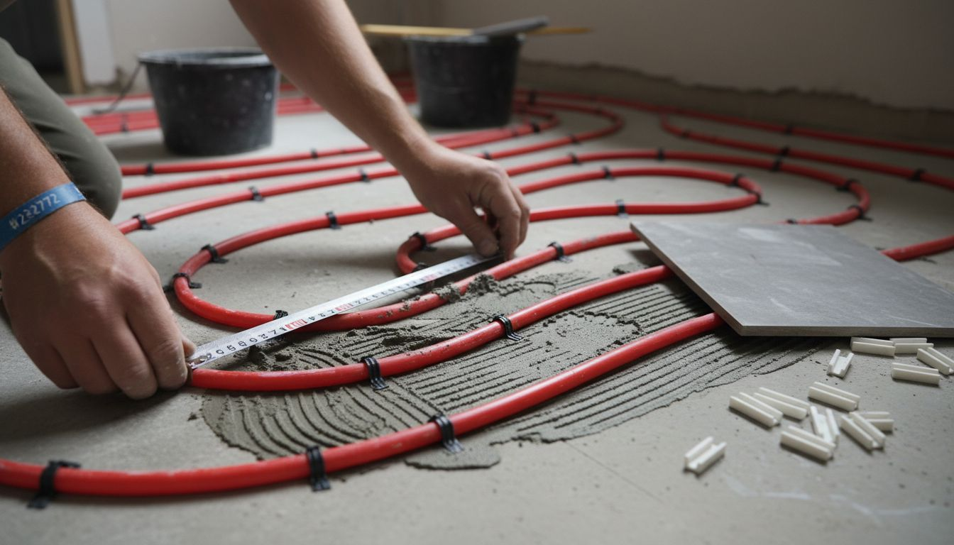 Close-up wet heating pipes under tiles being installed