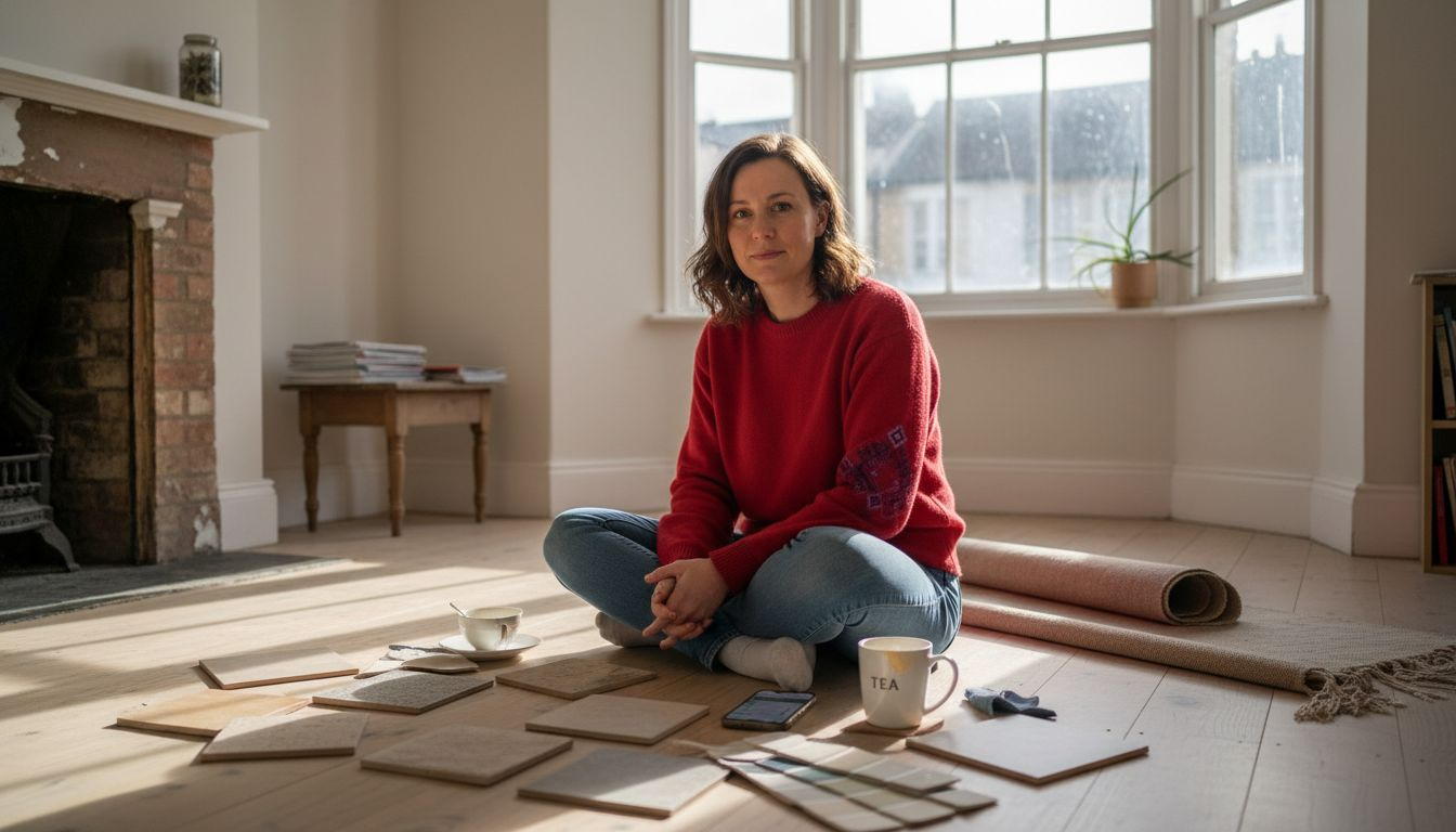 Manager compares tile samples on apartment floor