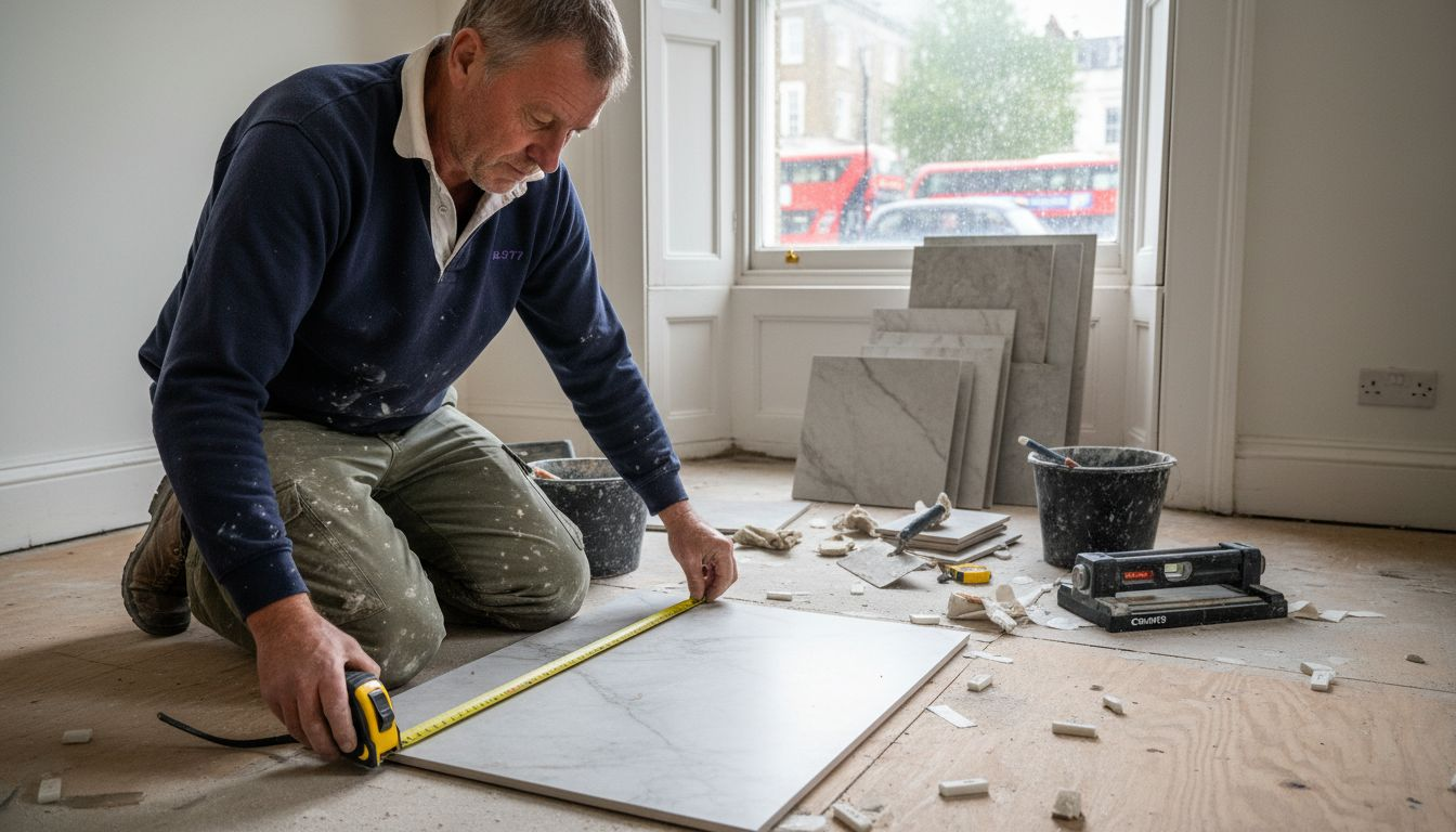 Tiler measuring large marble-effect tiles