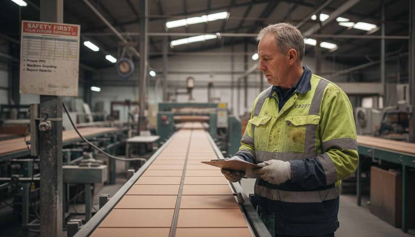 Factory worker overseeing tile production