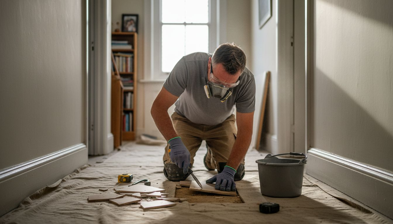 Handyman safely removing hallway floor tiles