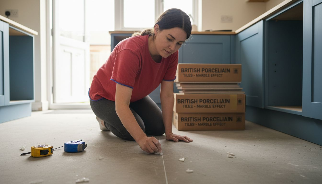 Woman marking tile reference lines in kitchen