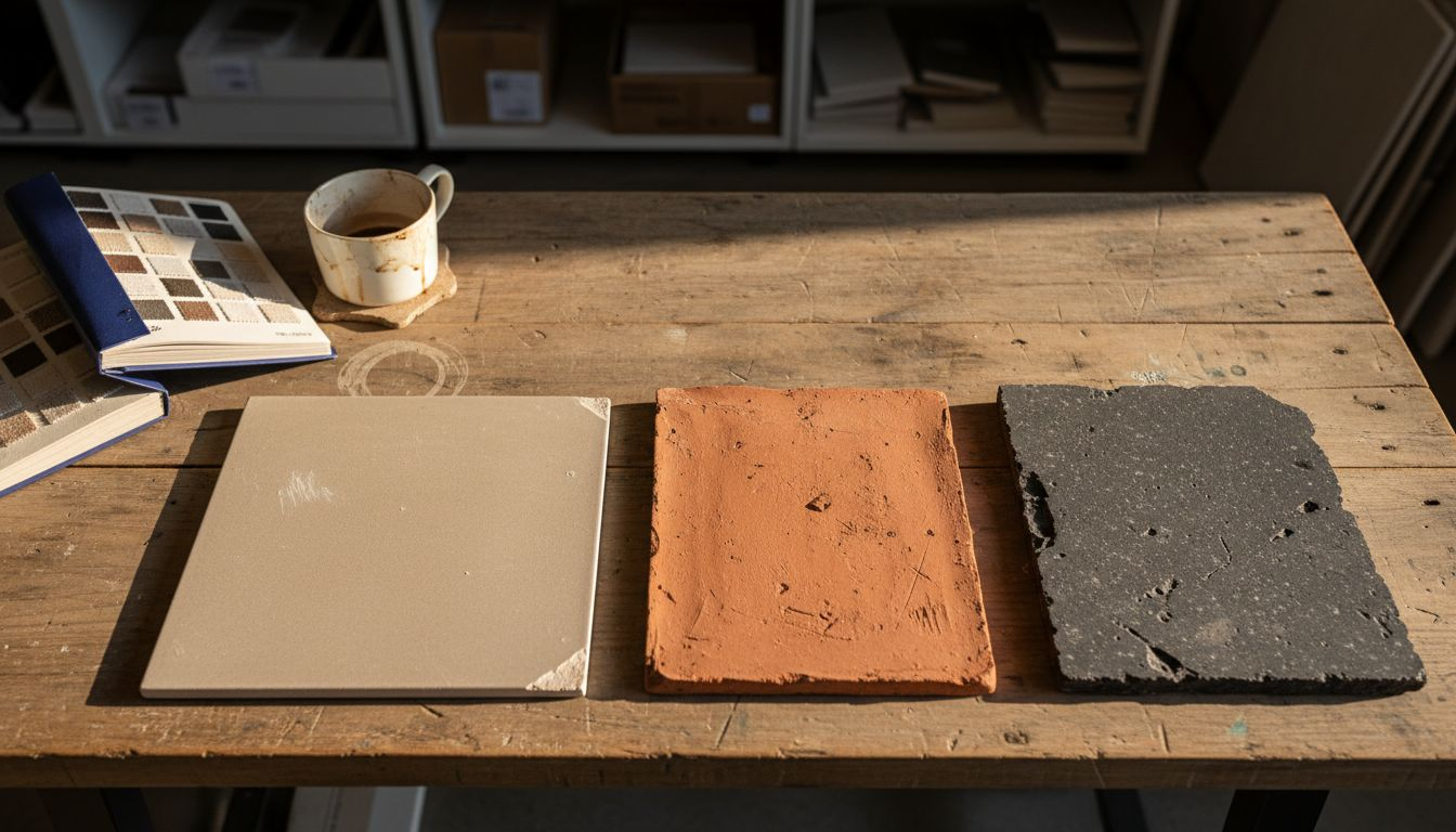 Closeup of unglazed tile types on display table