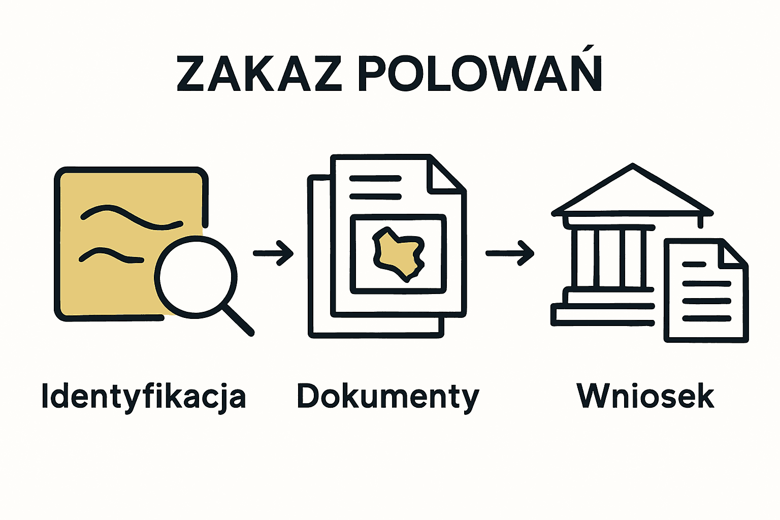Trzystopniowa infografika procesu zakazu polowań na działce w Polsce.