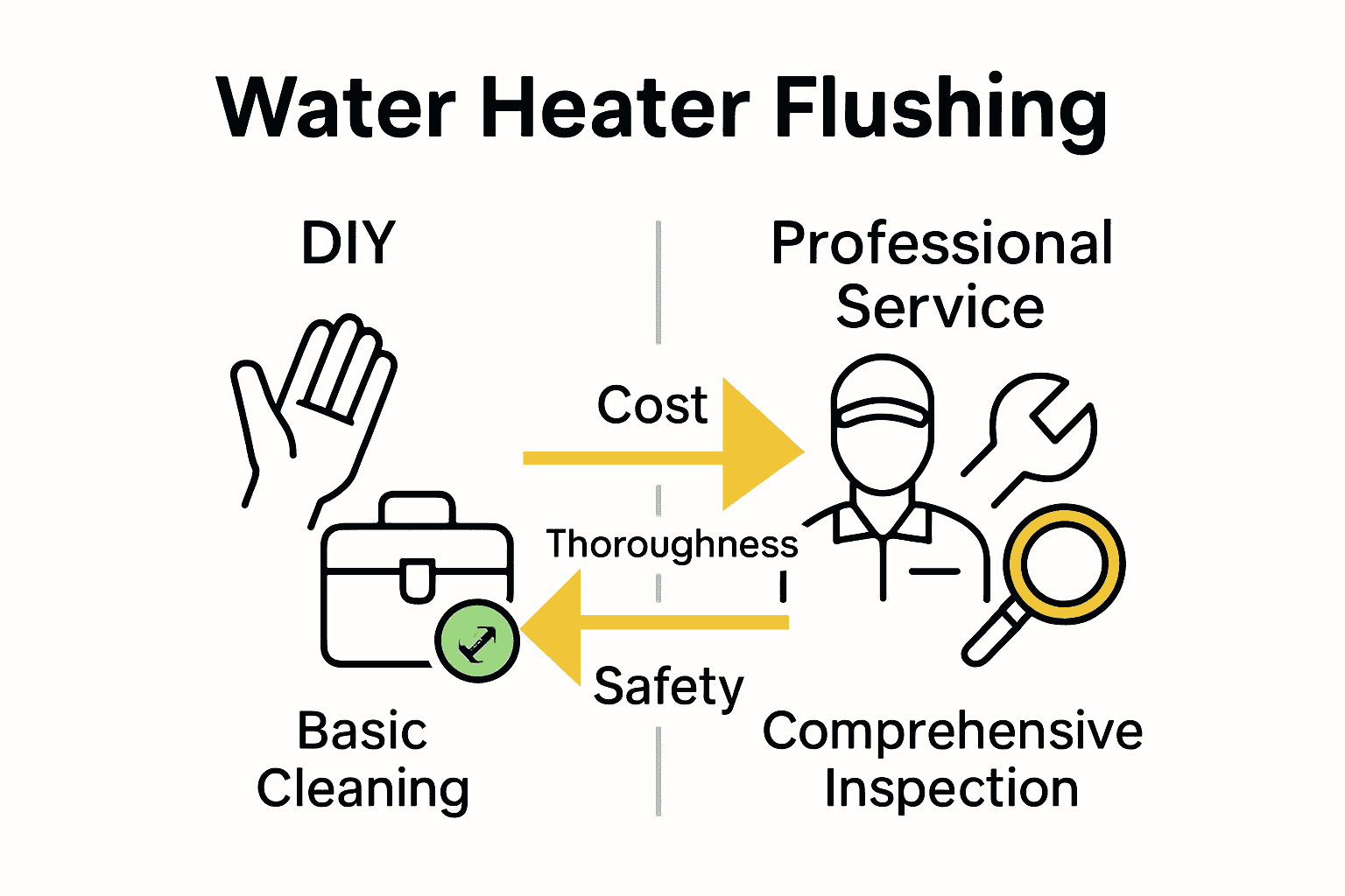 Infographic comparing DIY and professional water heater flushing with icons and pros/cons