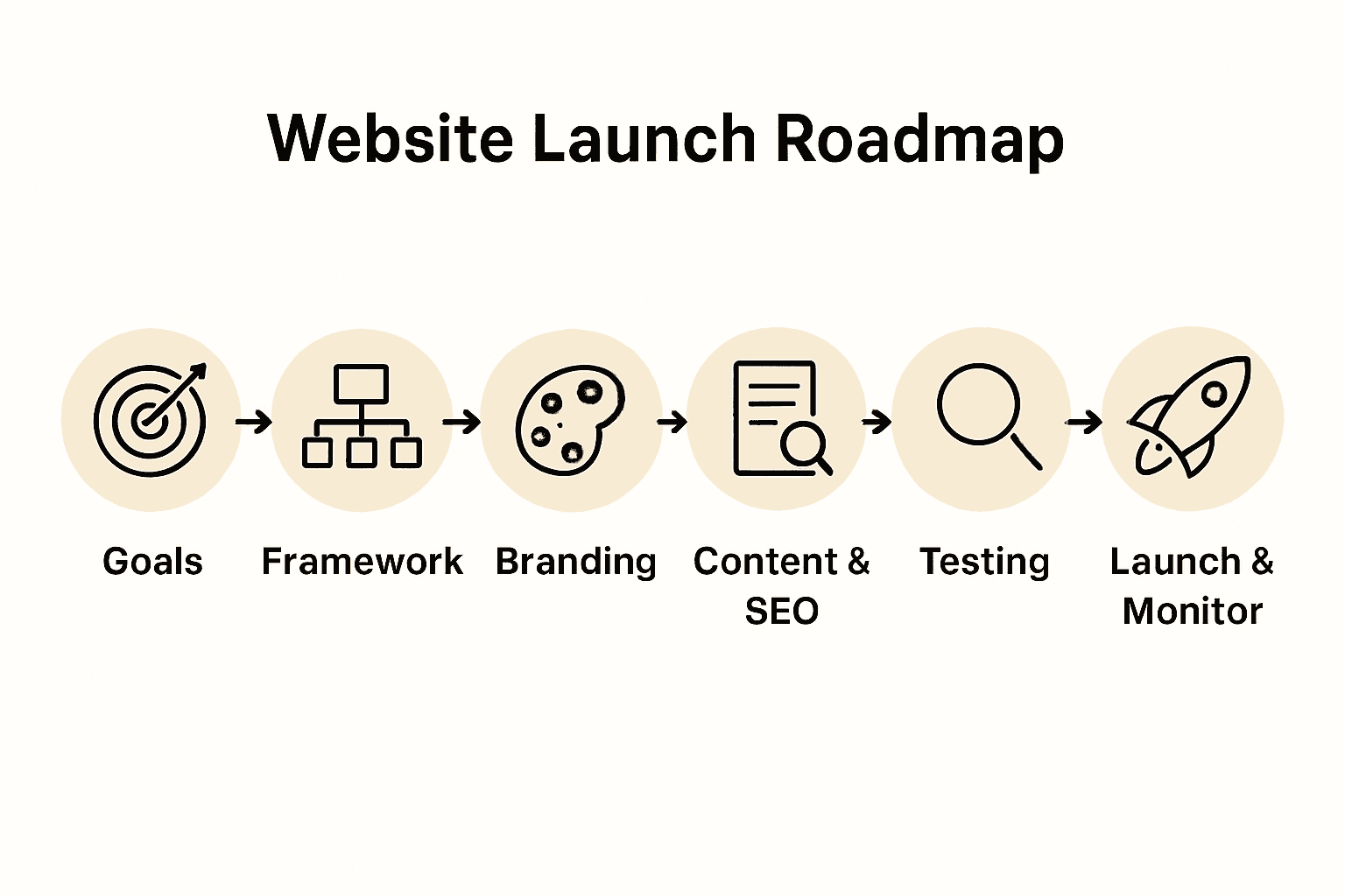 Infographic depicting the six major steps to launching a business website for growth.