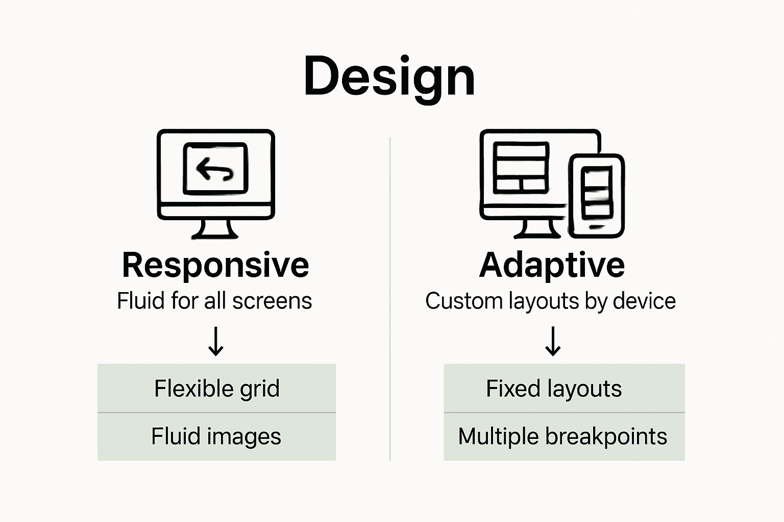 Infographic comparing responsive and adaptive website design with icons and key features.
