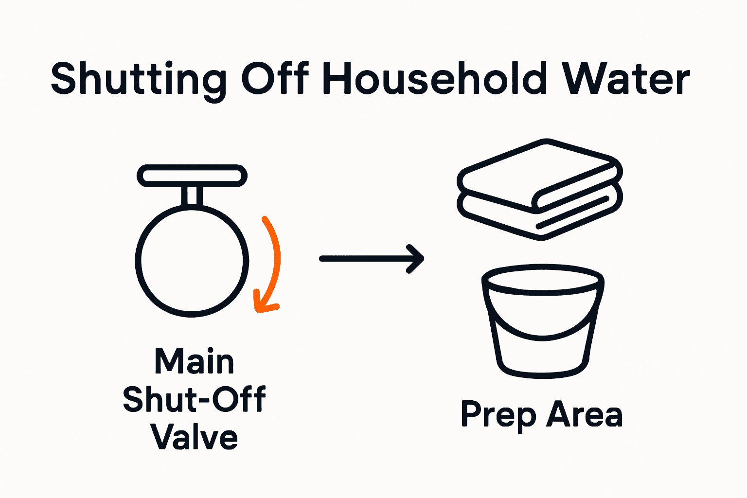 Infographic showing steps to shut off home water and prep area