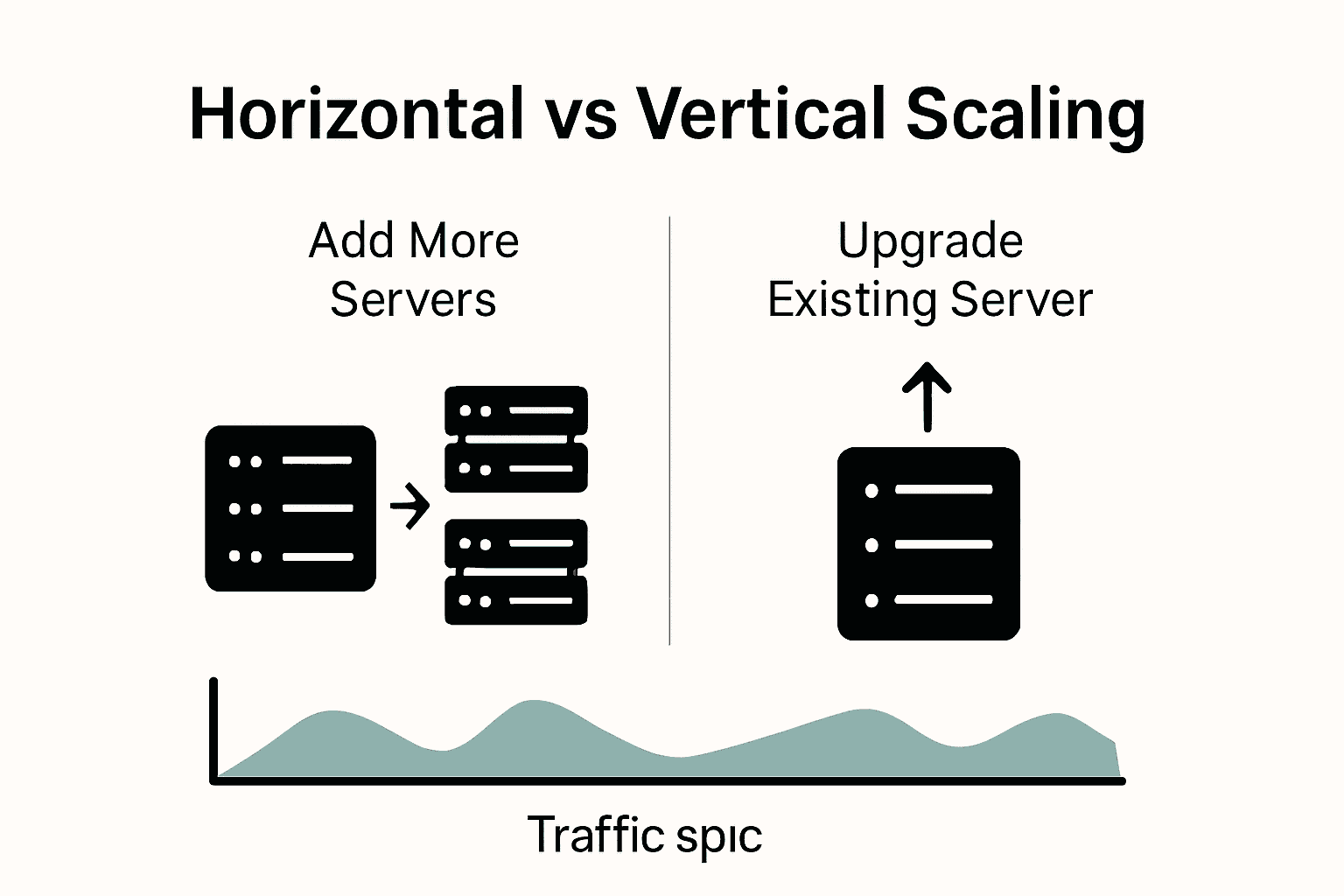 Infographic comparing horizontal and vertical website scaling with icons and arrows.