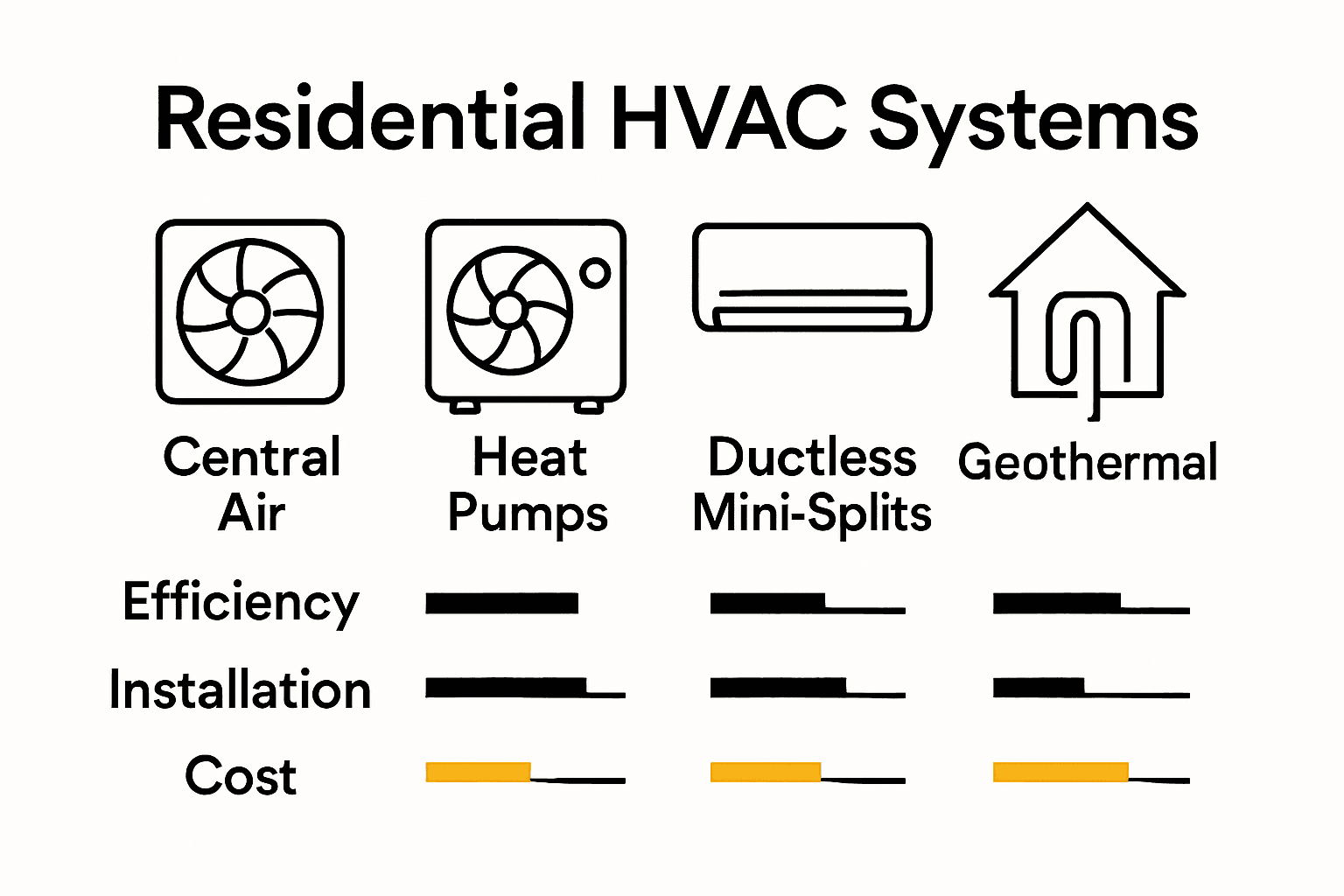 Infographic comparing four common residential HVAC systems by efficiency, cost, and installation.
