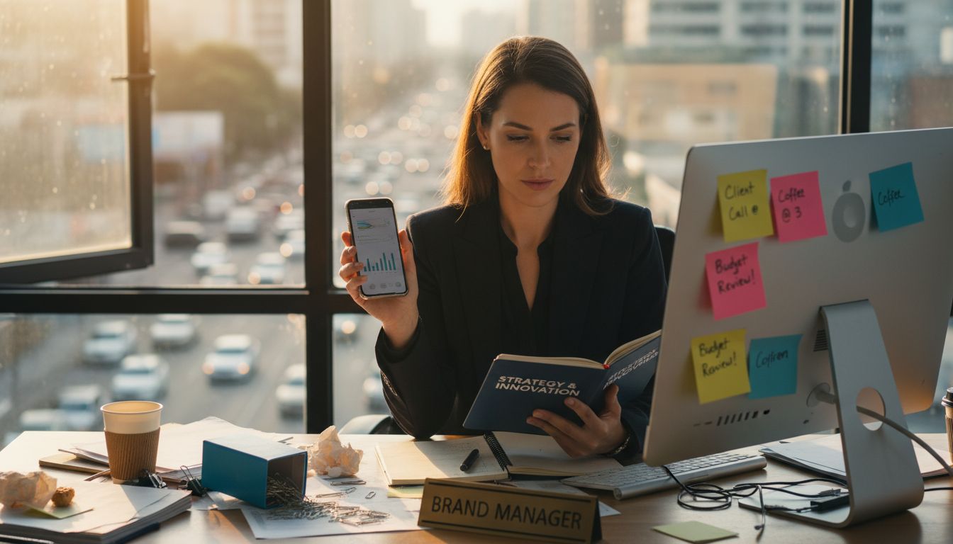 Brand manager at desk reviewing branding
