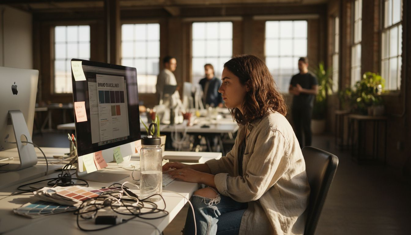 Creative director reviews brand guidelines at desk