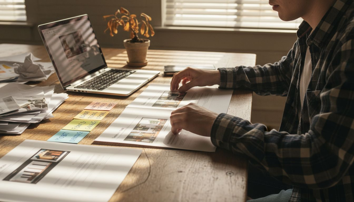 Designer reviewing hotel web homepage layouts