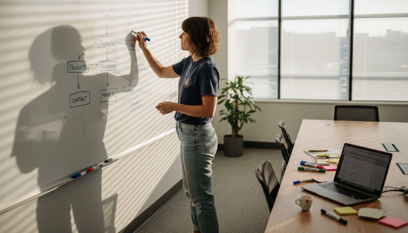 Person sketching homepage navigation on whiteboard