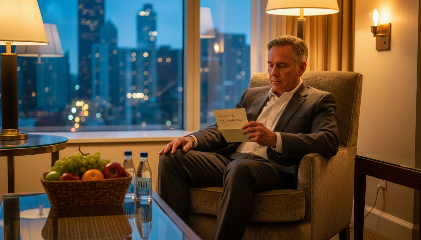 Guest enjoying welcome amenities in hotel suite