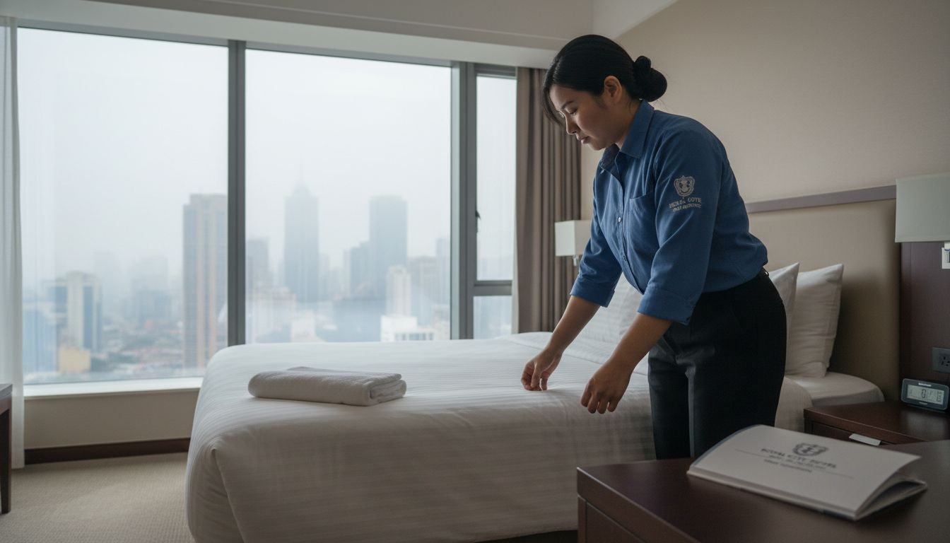 Hotel staff aligning pillows for brand standards