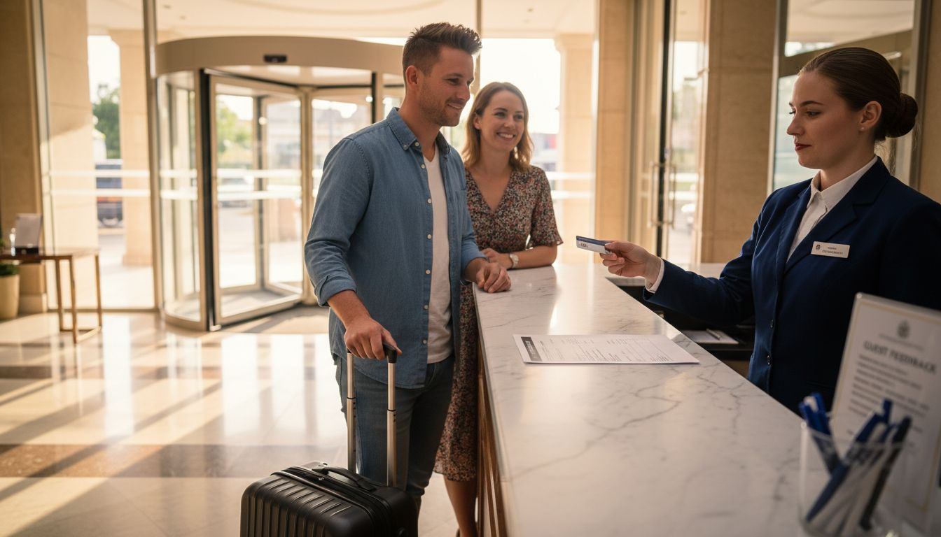 Hotel guests checking in at busy lobby desk