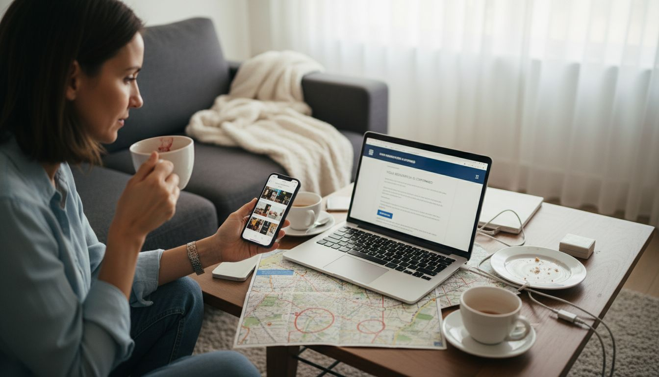 Woman booking hotel online in living room