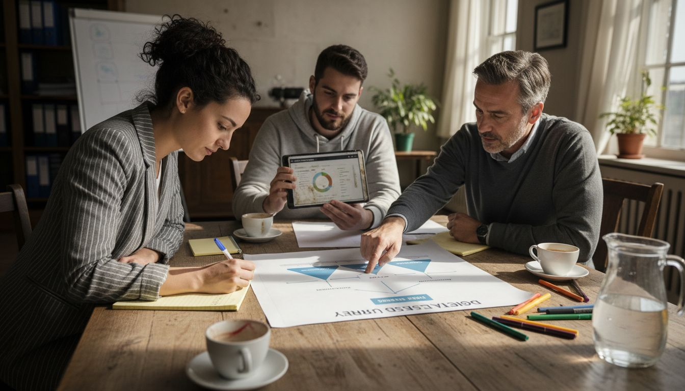 Hotel team reviews marketing funnel diagram