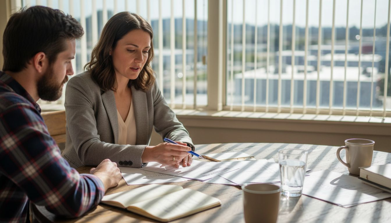 Agent discussing insurance paperwork with client