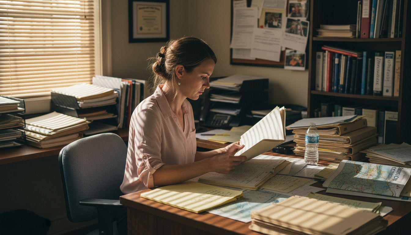 Agent reviewing policy files in local office