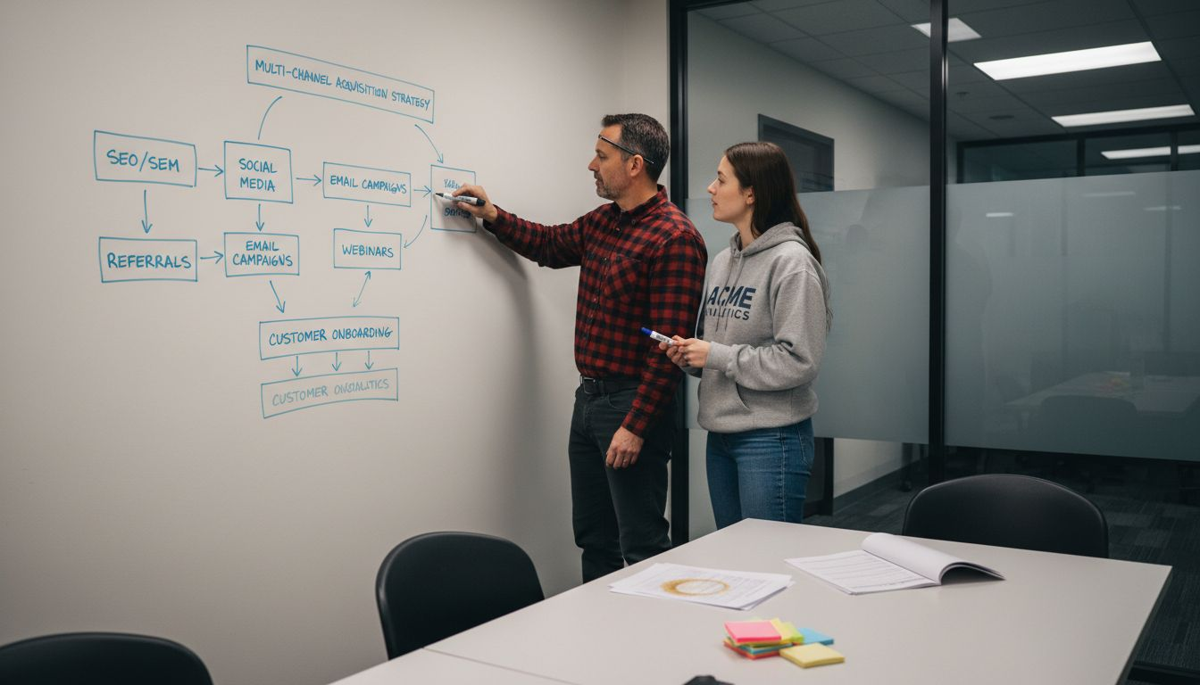 Team creating multi-channel acquisition flowchart