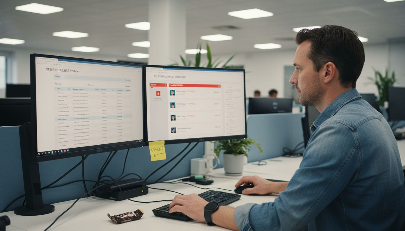 Desk with monitors showing automated ecommerce workflow