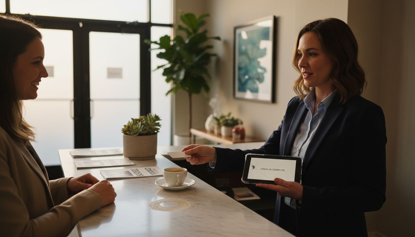 Front desk staff greeting hotel guest
