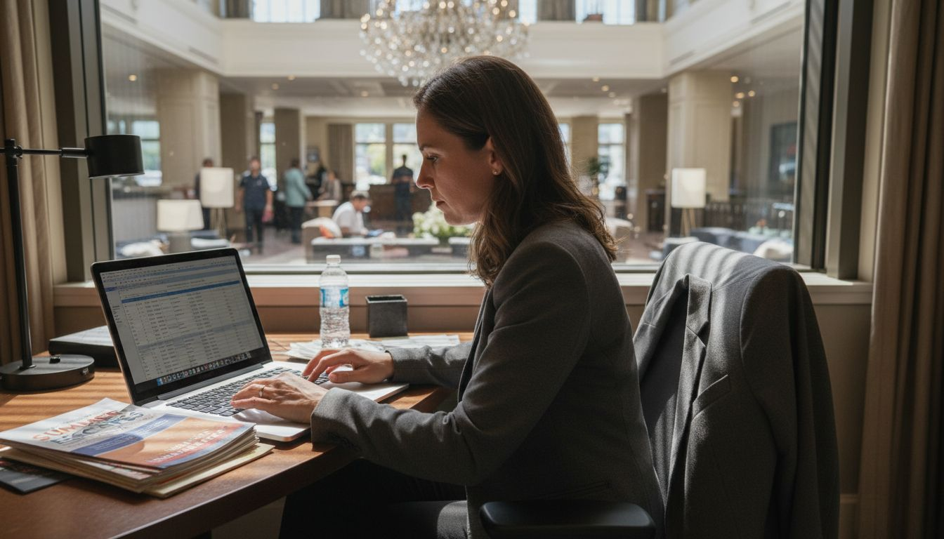 Hotel manager reviewing SaaS marketing strategies