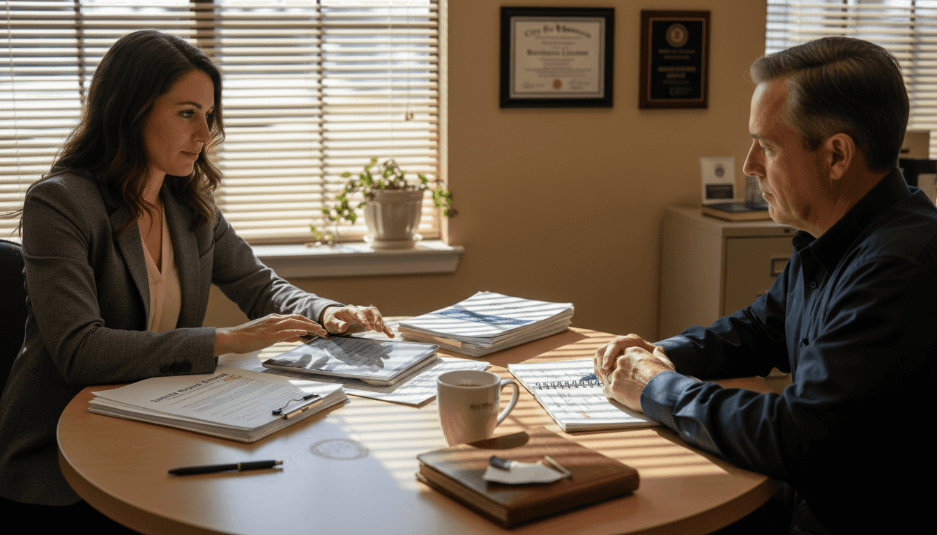 Owner meets agent to review insurance policy