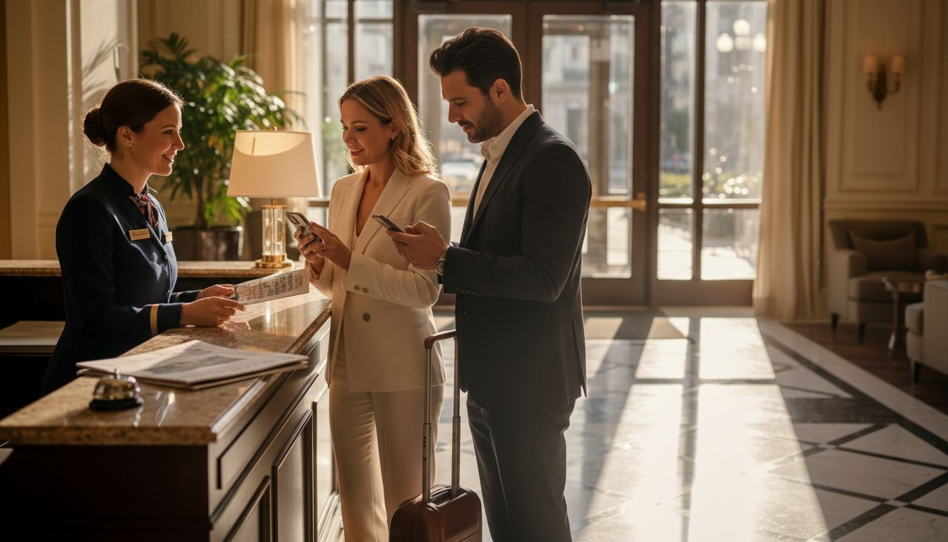 Concierge assists guests in luxury hotel lobby