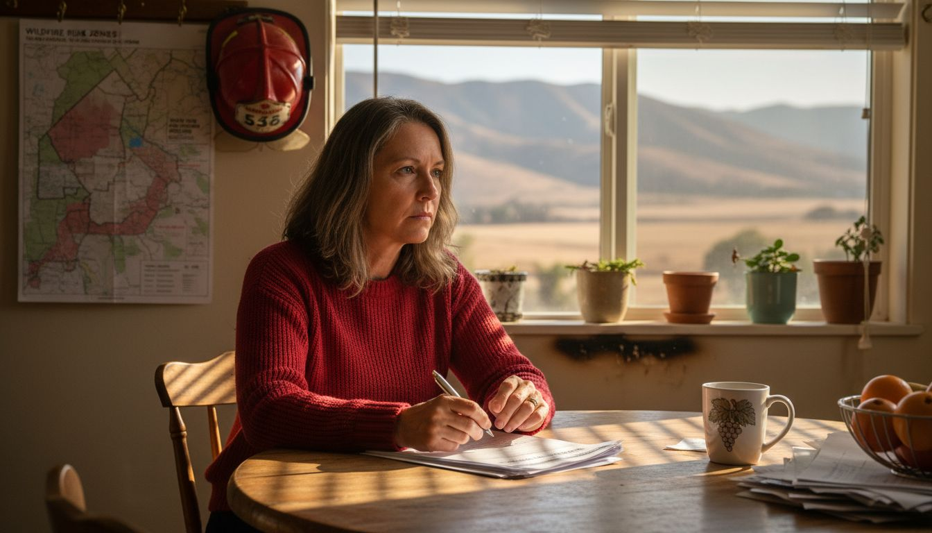 Homeowner completes insurance forms near wildfire map