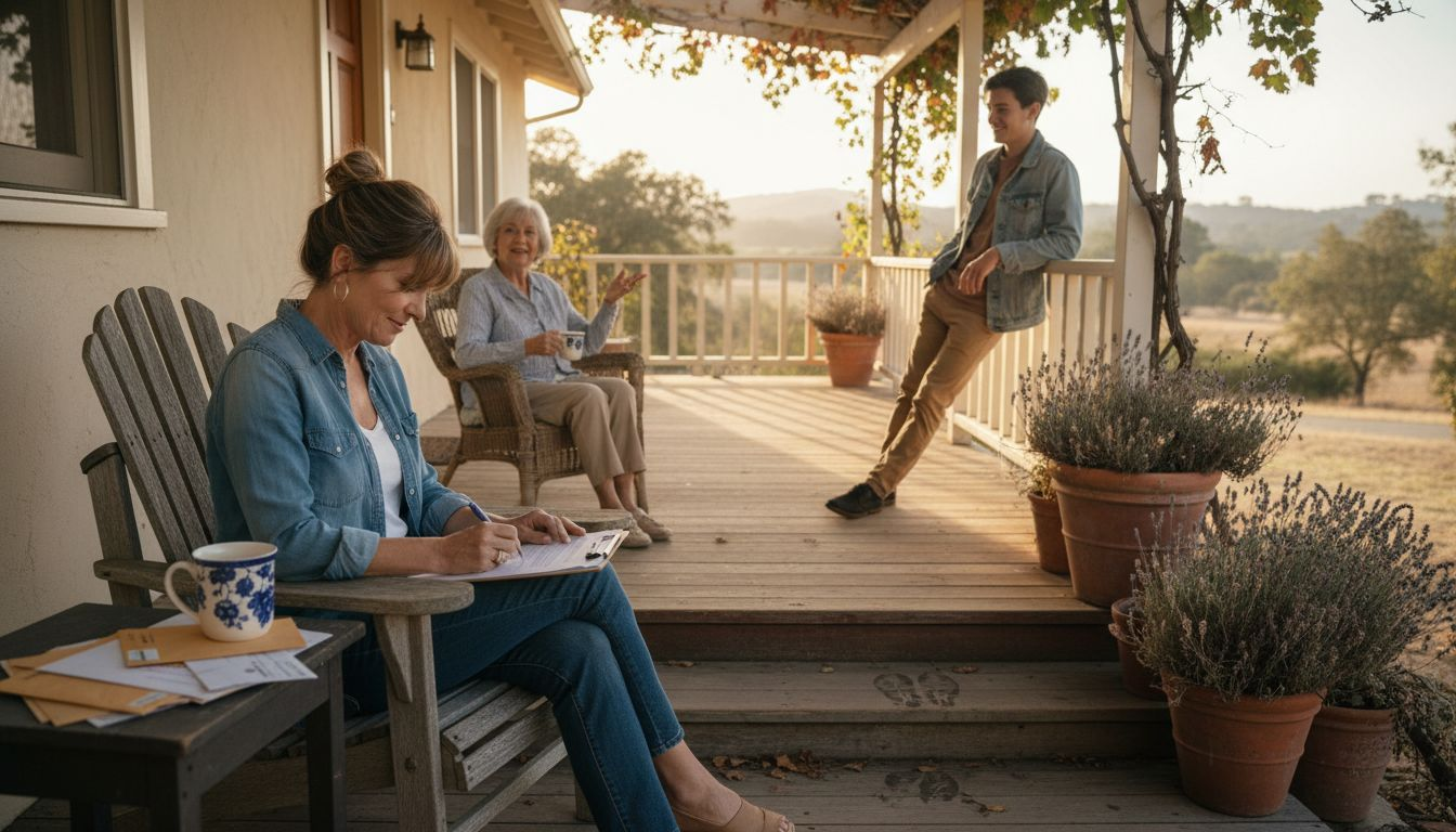 Family signing life insurance policy on porch