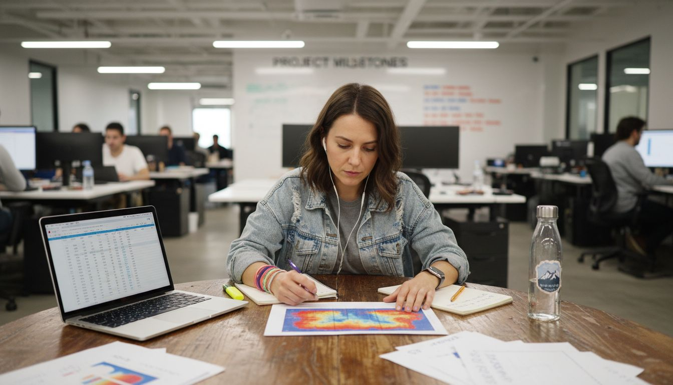 Woman studying landing page analytics heatmap