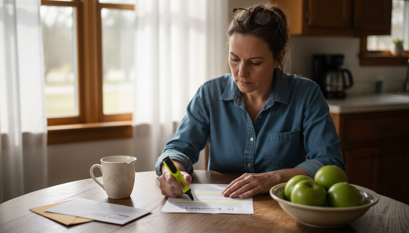 Woman reviewing life insurance policy at kitchen table