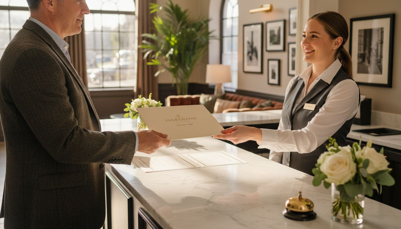 Guest receives branded materials at hotel desk