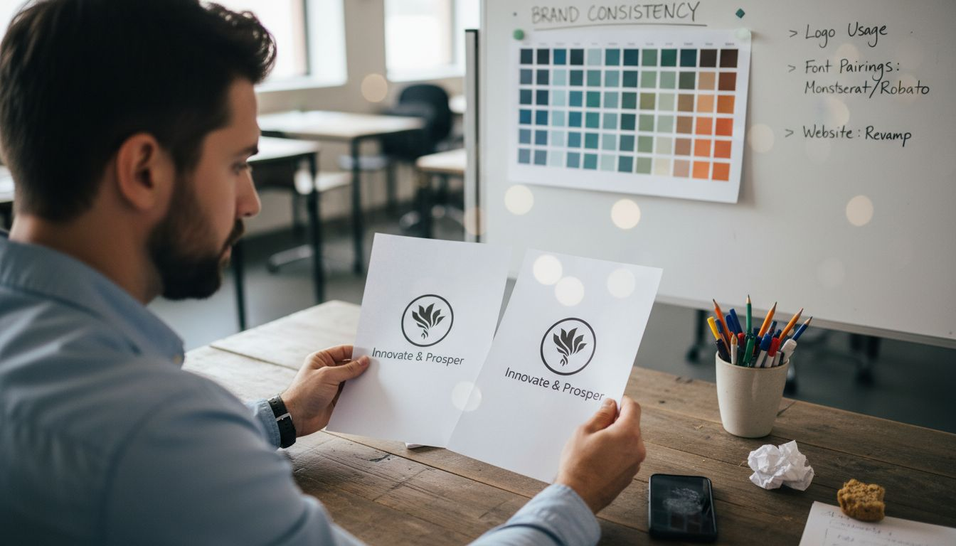 Business owner reviewing logo versions at desk