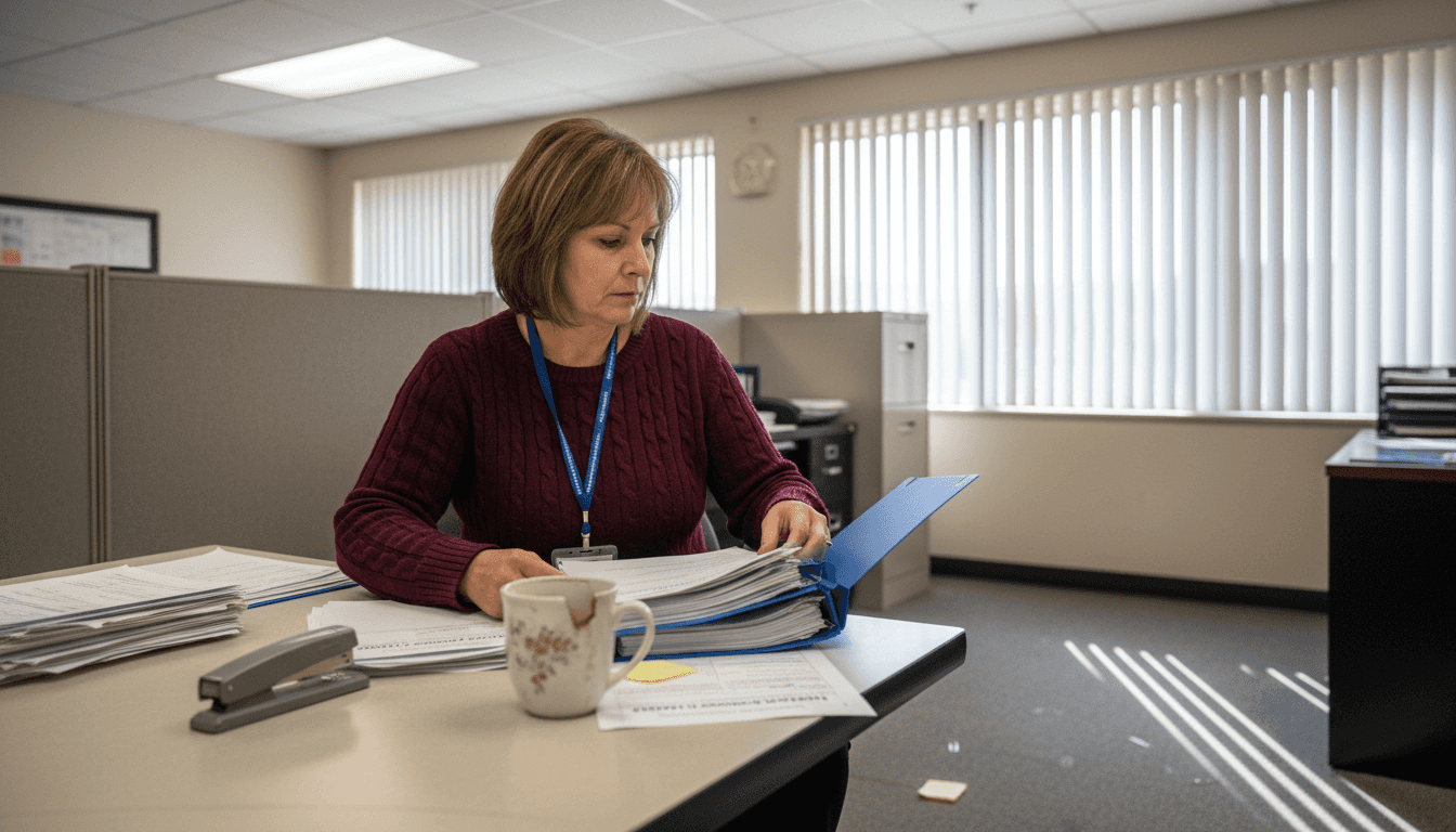 Manager sorting workers compensation paperwork in office