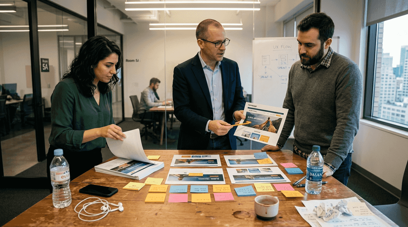 Team reviewing printouts for visual hierarchy