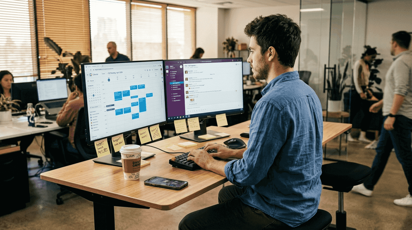 Marketer planning multi-channel campaign at desk