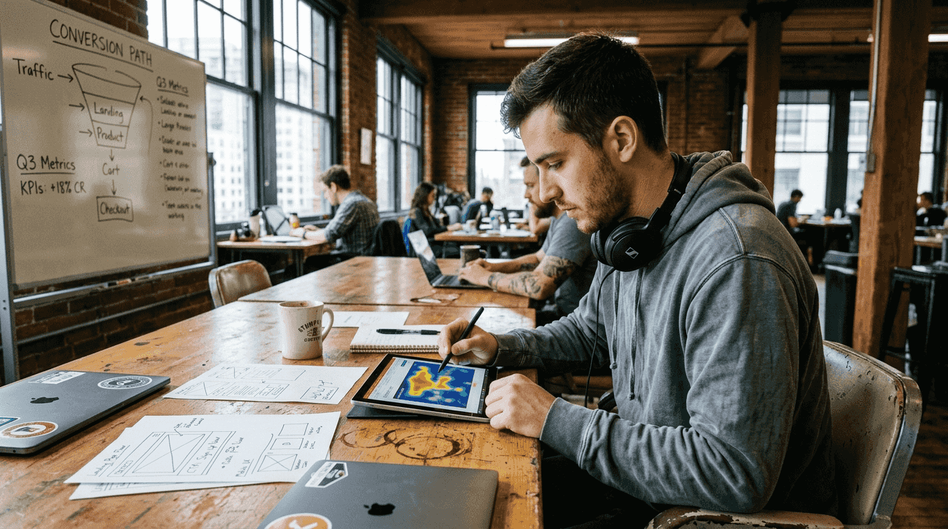 Web designer analyzing conversion rate heat map