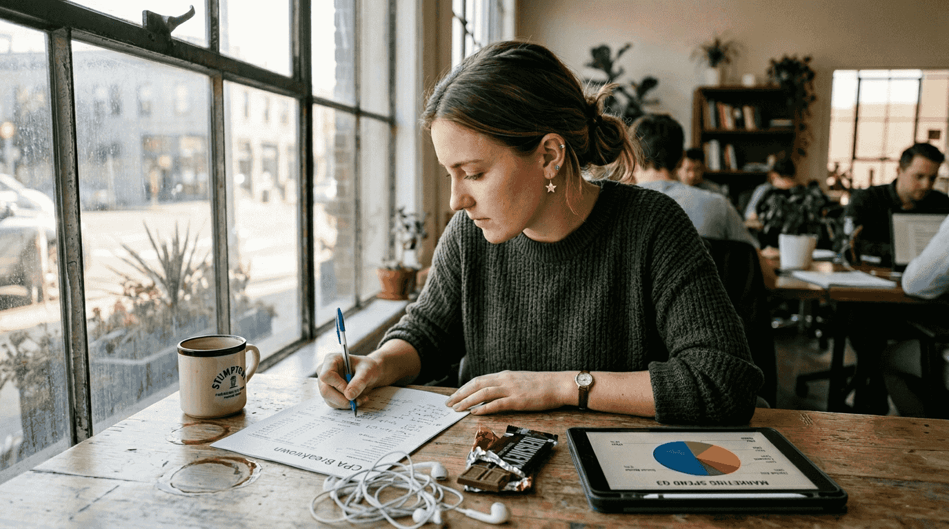 Woman notes cost per acquisition stats in office