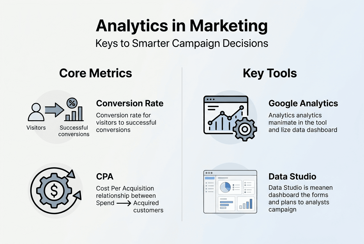 Infographic summarizing key analytics metrics and tools