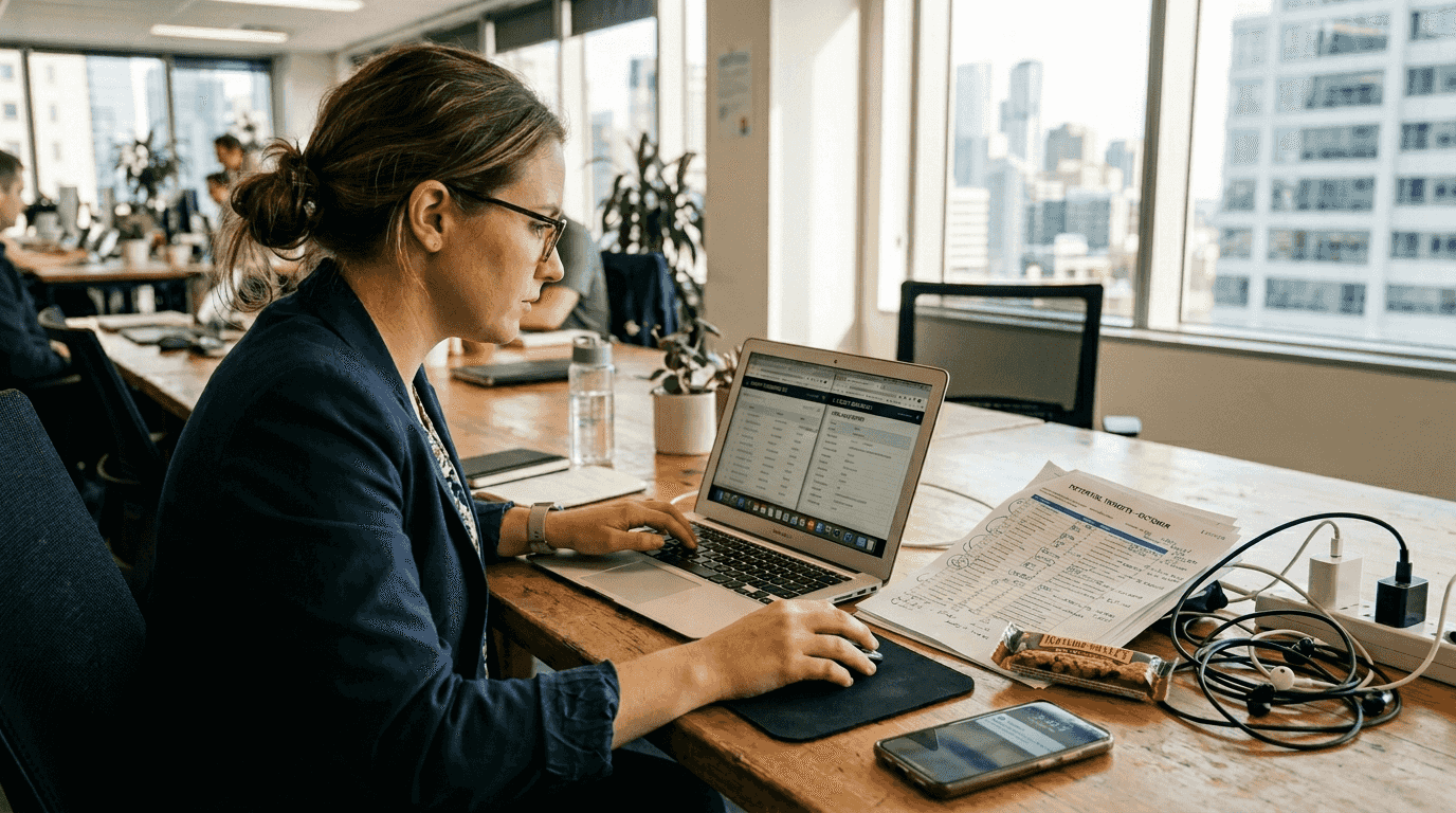 Sales rep conducting manual prospecting at desk
