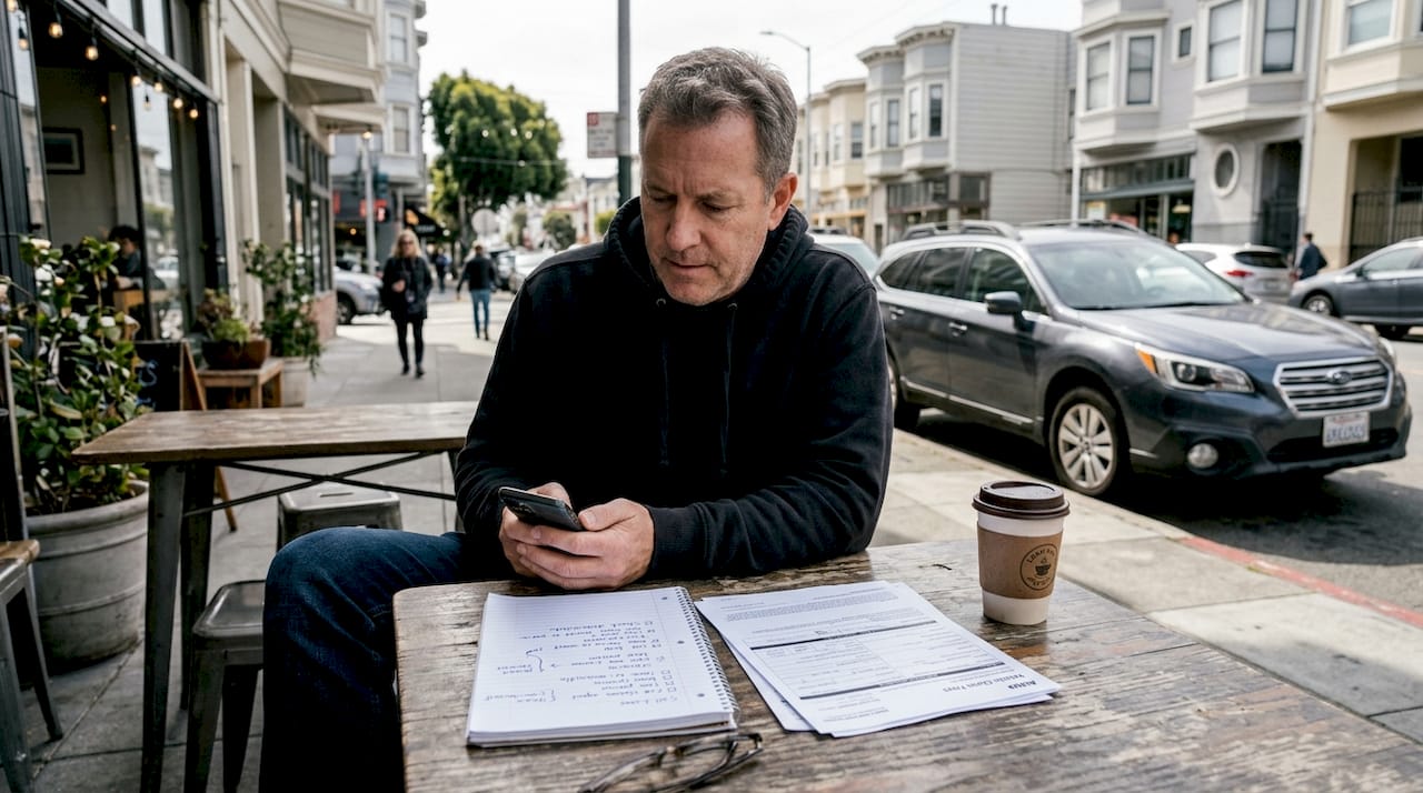 Man tracking insurance discounts at café