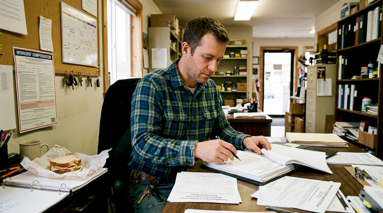 Business owner organizes insurance forms in back office