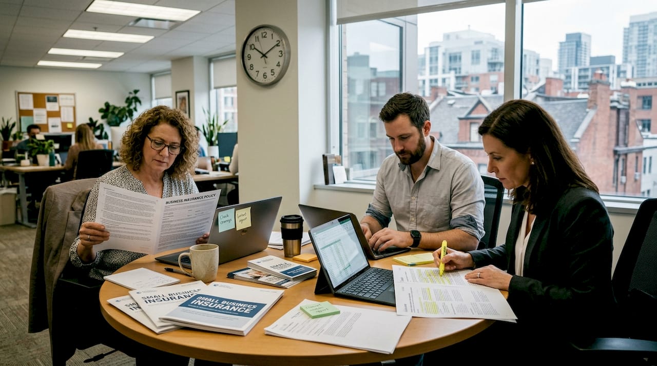 Owners reviewing business insurance documents together
