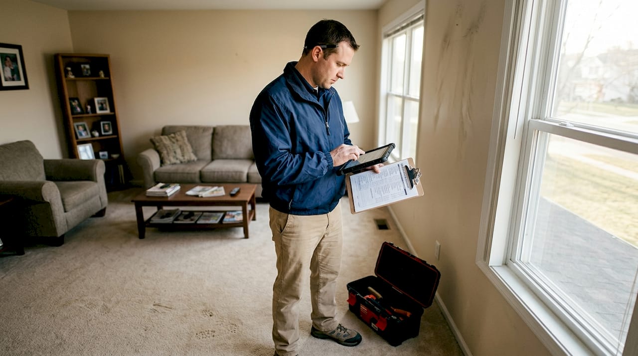 Insurance adjuster inspects smoke damage in living room