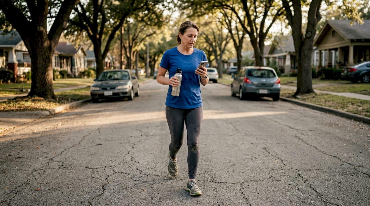 Woman jogging and checking life insurance reminder