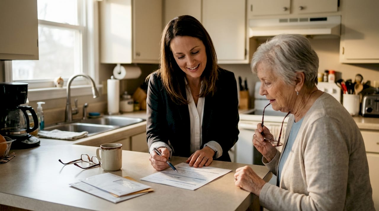 Agent assisting senior with claim paperwork at home